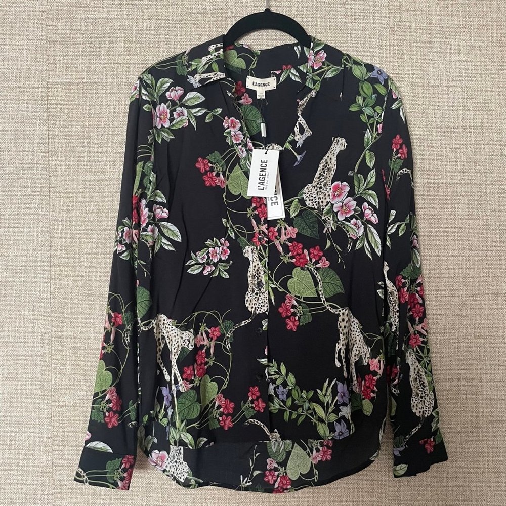 L'Agence Jungle Leopard cheetah Blouse Viscose Animal Floral Print Button Down